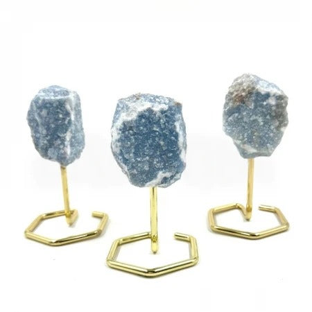 Rough Blue Angelite with metal stand - MINI