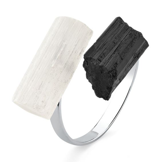 Selenite with Black Tourmaline Ring